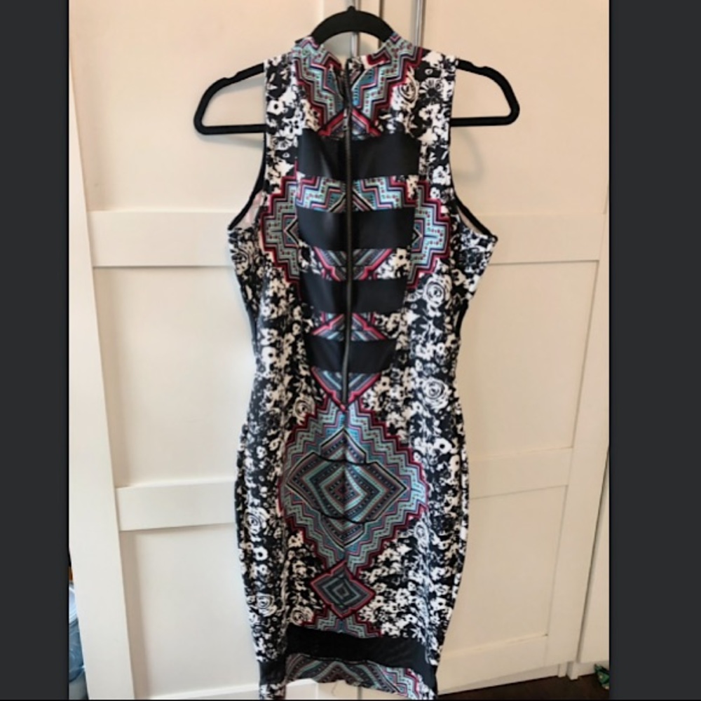 Fun Macy’s bodycon midi dress Aztec print with see through lace cutouts